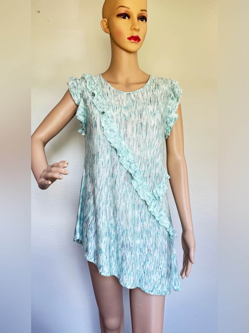 Marled Green Tie Dye Speckled Ruffle Asymmetrical Tunic